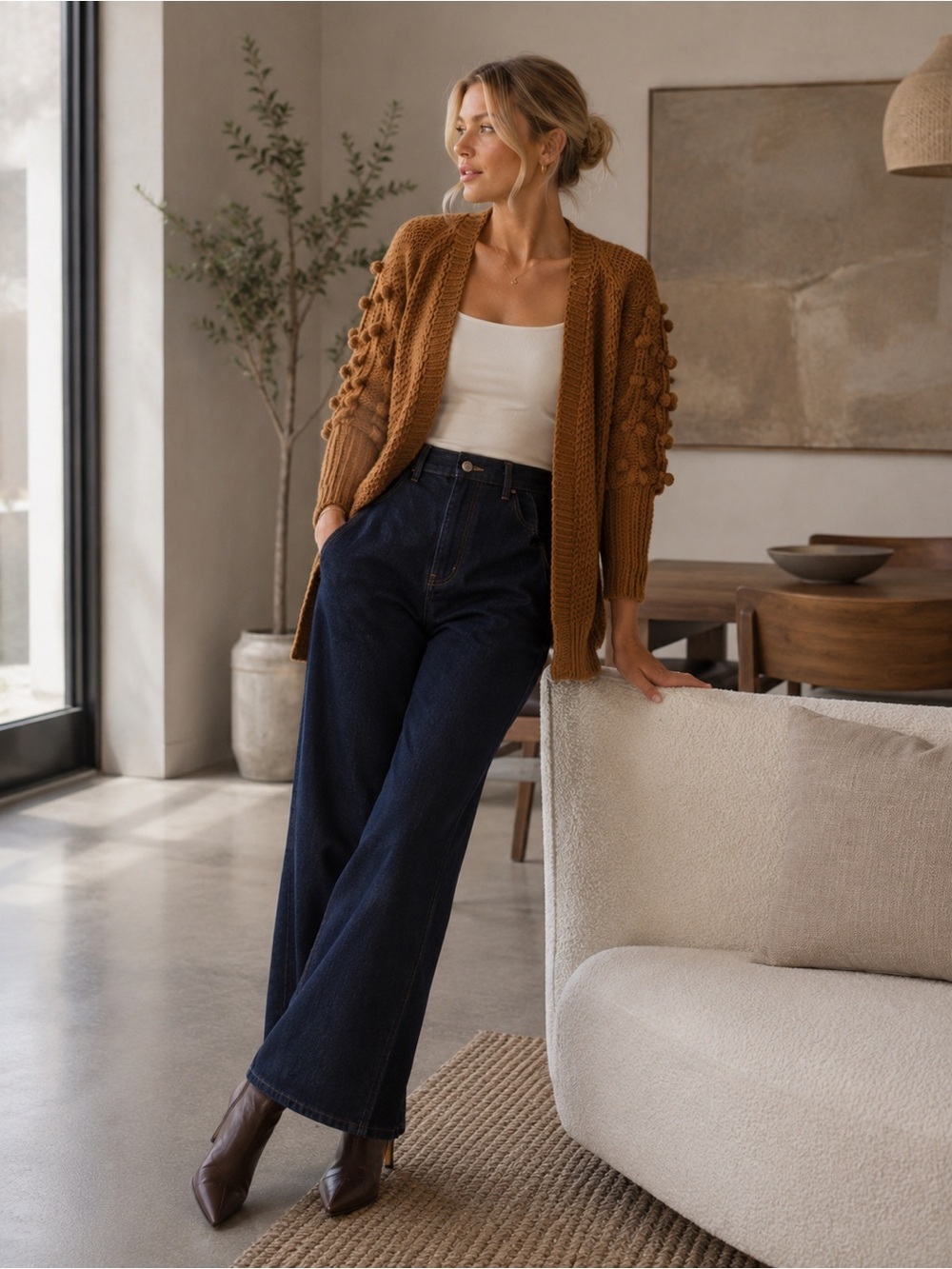 CES FEMME Caramel Brown Pom-Pom Popcorn Sleeve Open Cardigan Size Small